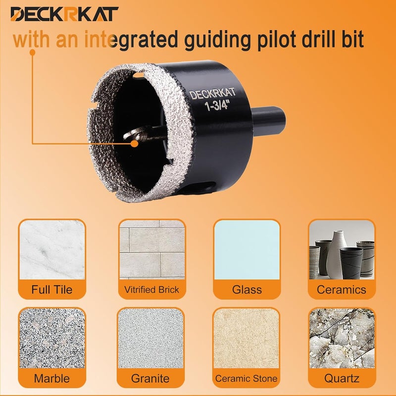 DECKRKAT 1-3/4 Inch Diamond Hole-Saw Bits with Pilot Drill Bit - 2pc 1-3/4" Diamond Tipped Tile Hole Saws with Guiding Bit Accurate Drilling for Porcelain Tile Ceramic Pottery Granite Stone Glass Bottles 45mm - Image 5
